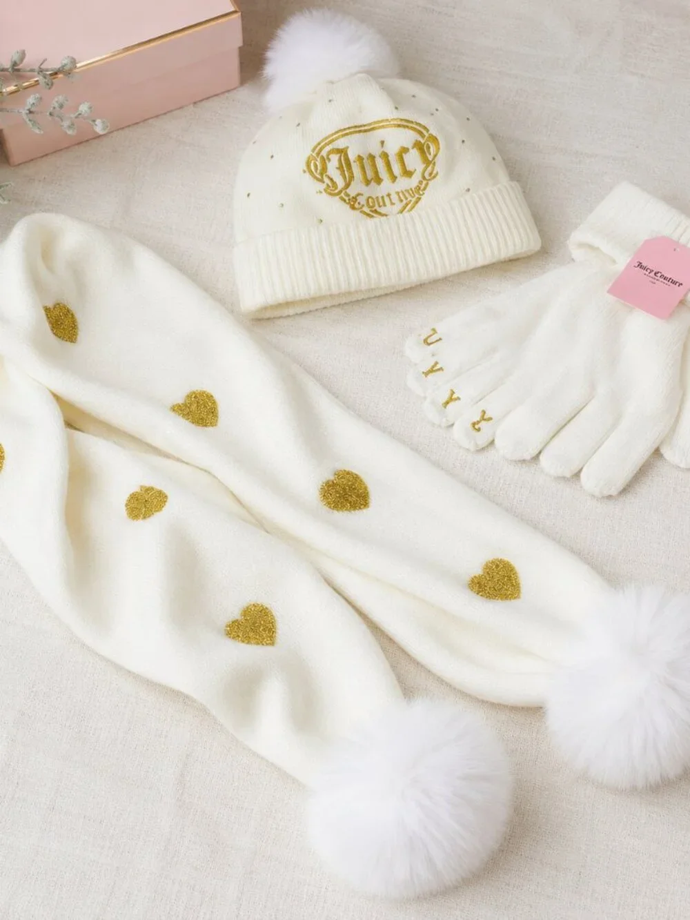 Juicy Couture Kids Beanie Scarf Gloves Set Metallic Hearts NWT